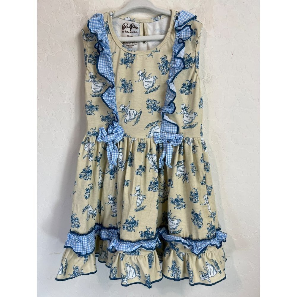 Ruffles by Tutu and Lulu Sz 7-8Y Cotton, poly Dress Yellow and Blue Novelty Prin